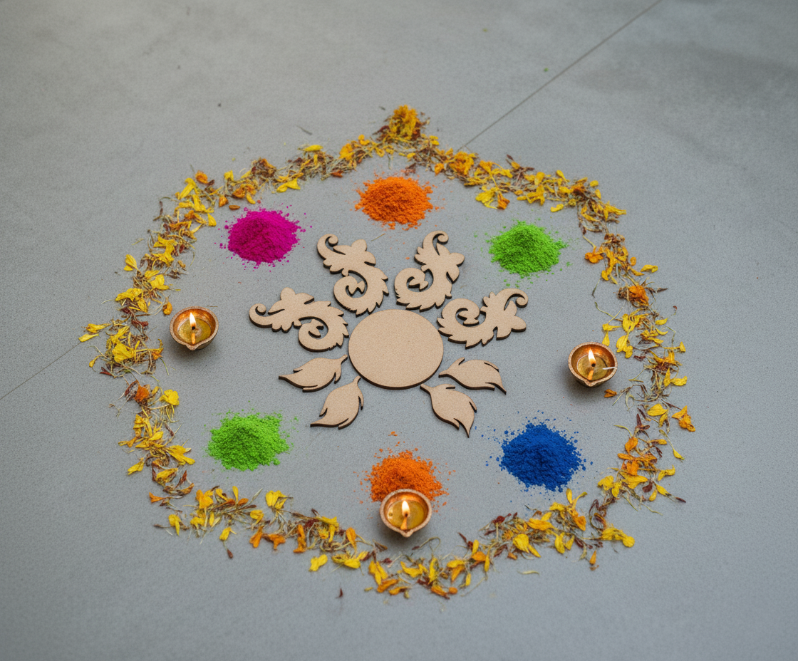 Unpainted MDF floral swirl rangoli cutout set with central round base surrounded by decorative swirl and leaf shapes placed on floor 
