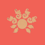 Unpainted MDF floral swirl rangoli cutout set with central round base surrounded by decorative swirl and leaf shapes on red background 