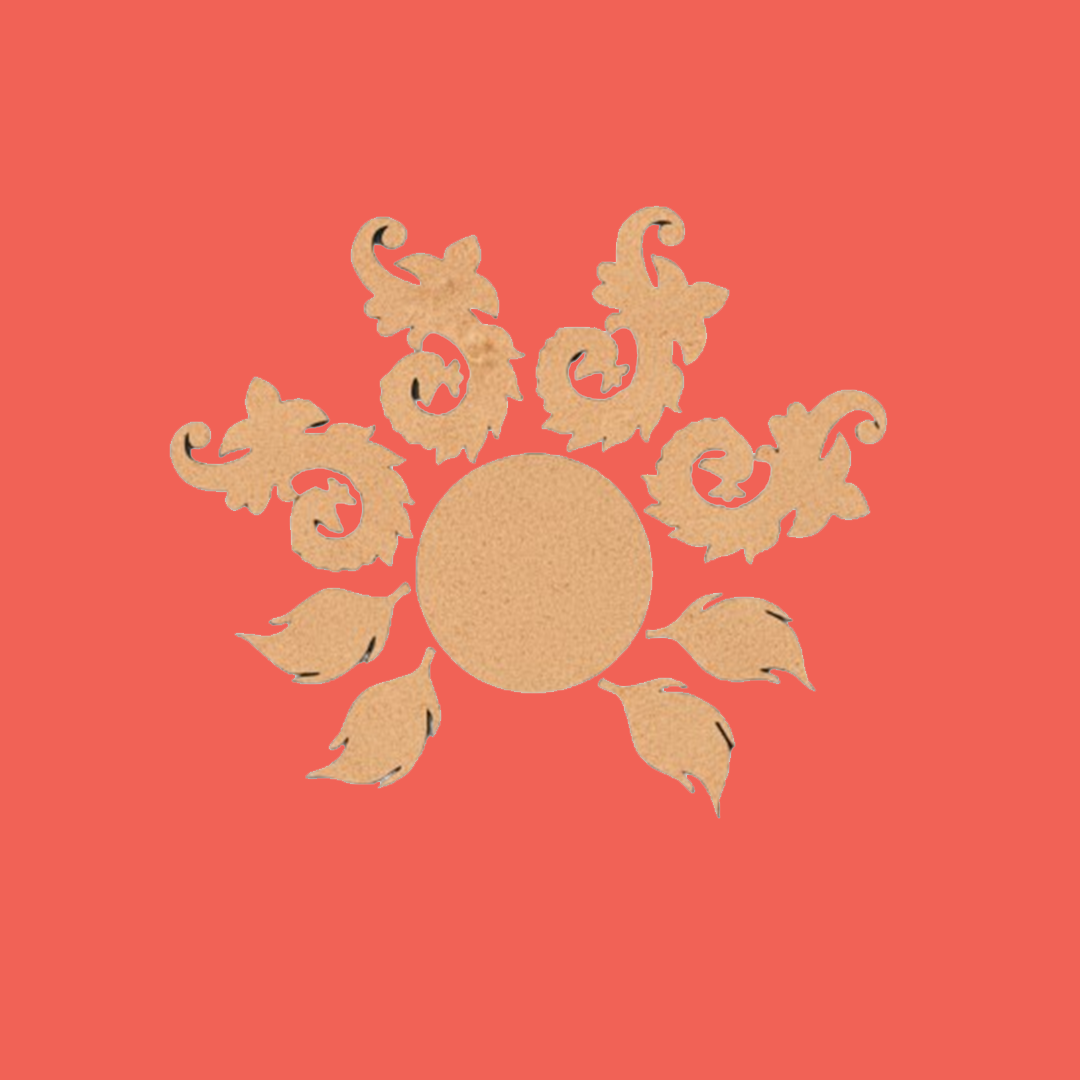 Unpainted MDF floral swirl rangoli cutout set with central round base surrounded by decorative swirl and leaf shapes on red background 