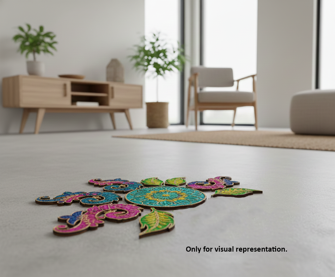 Painted MDF floral swirl rangoli cutout set with central round base surrounded by decorative swirl and leaf shapes placed on floor 
