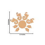 Unpainted MDF floral swirl rangoli cutout set with central round base surrounded by decorative swirl and leaf shapes with  size