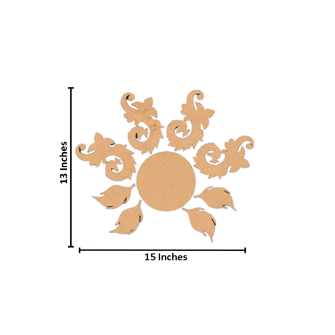 Unpainted MDF floral swirl rangoli cutout set with central round base surrounded by decorative swirl and leaf shapes with  size