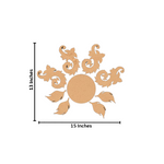 Unpainted MDF floral swirl rangoli cutout set with central round base surrounded by decorative swirl and leaf shapes with  size