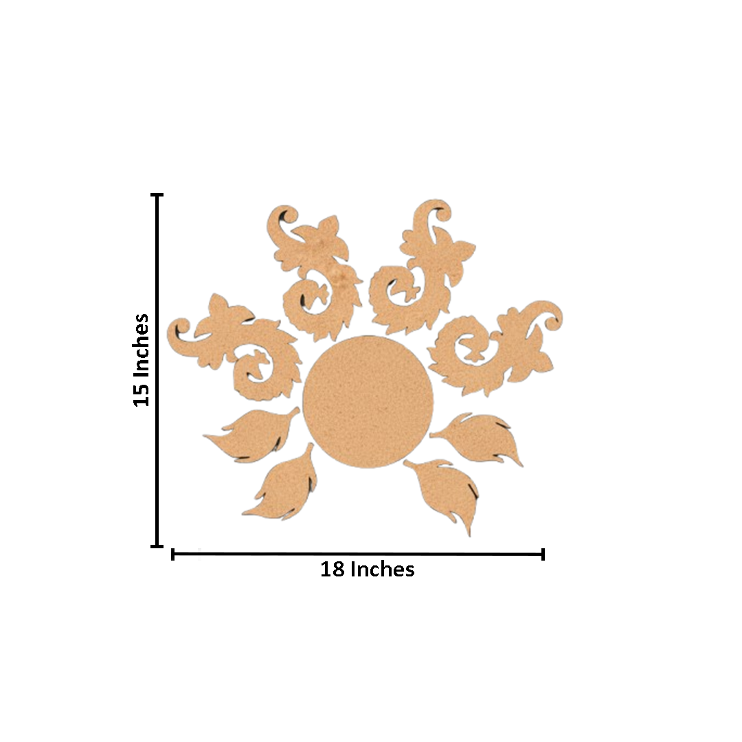 Unpainted MDF floral swirl rangoli cutout set with central round base surrounded by decorative swirl and leaf shapes with  size