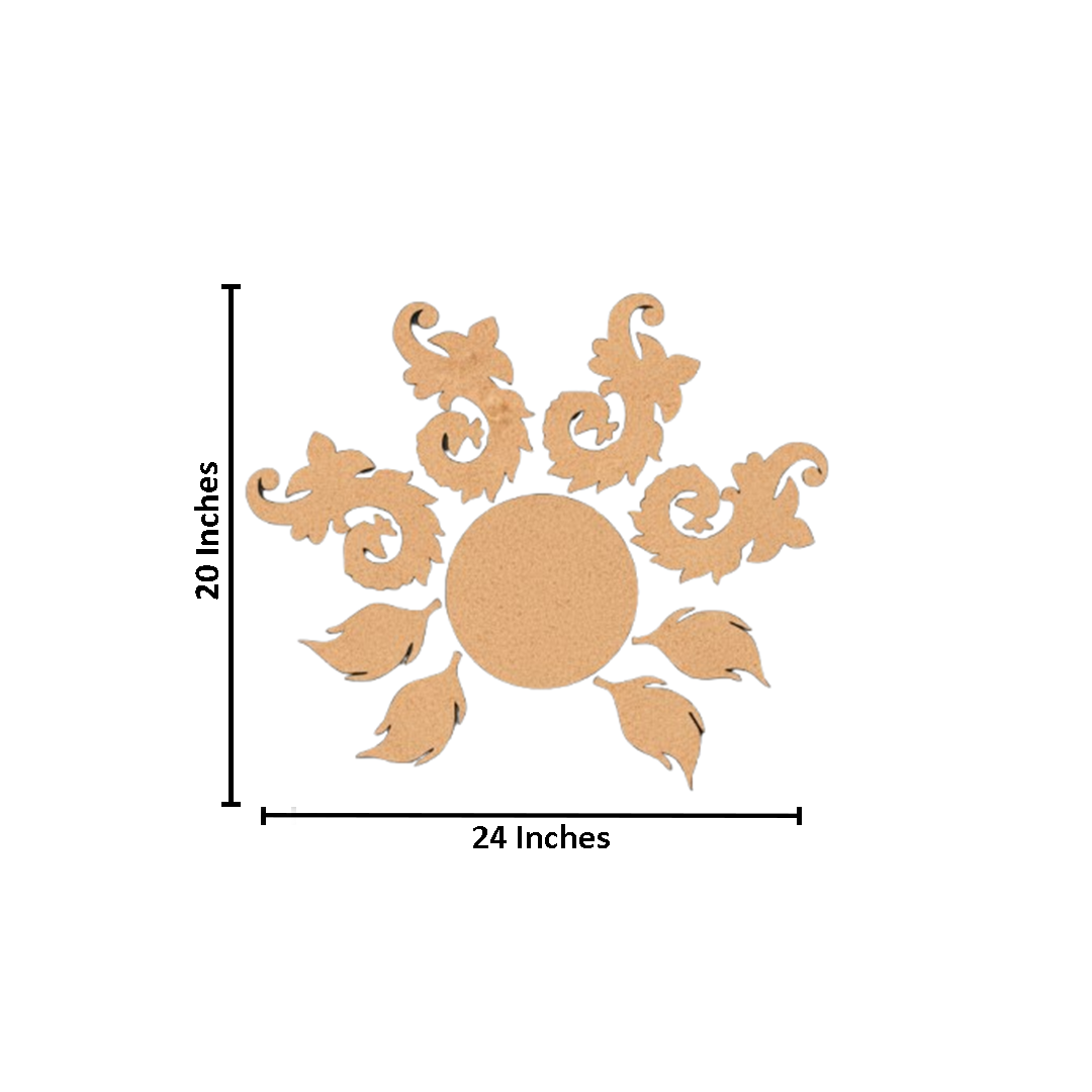 Unpainted MDF floral swirl rangoli cutout set with central round base surrounded by decorative swirl and leaf shapes with  size