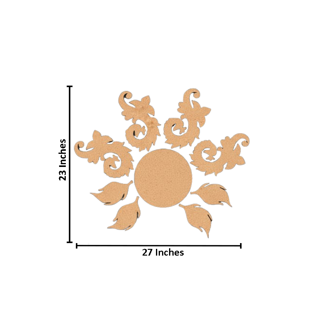 Unpainted MDF floral swirl rangoli cutout set with central round base surrounded by decorative swirl and leaf shapes with  size