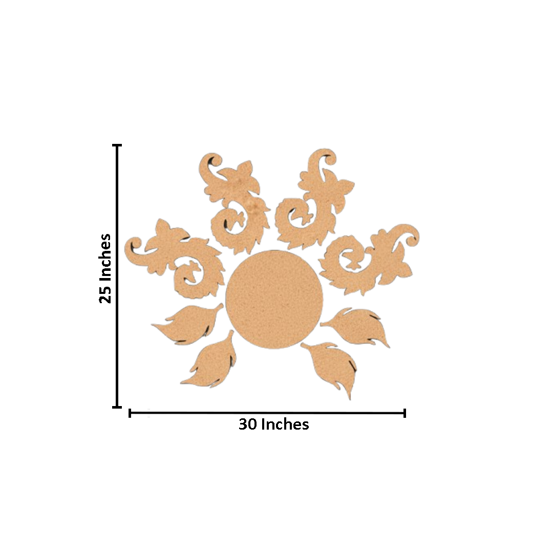 Unpainted MDF floral swirl rangoli cutout set with central round base surrounded by decorative swirl and leaf shapes with  size