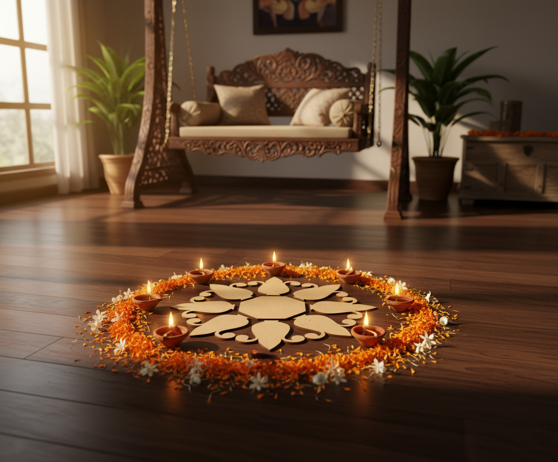 Decorative rangoli with lights on a wooden floor, traditional Indian art form.