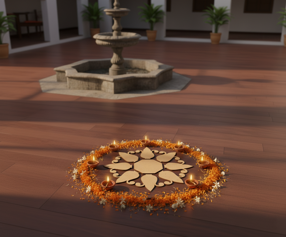 Decorative oil lamp and rangoli cutout arrangement on a wooden floor with a stone fountain in the background.
