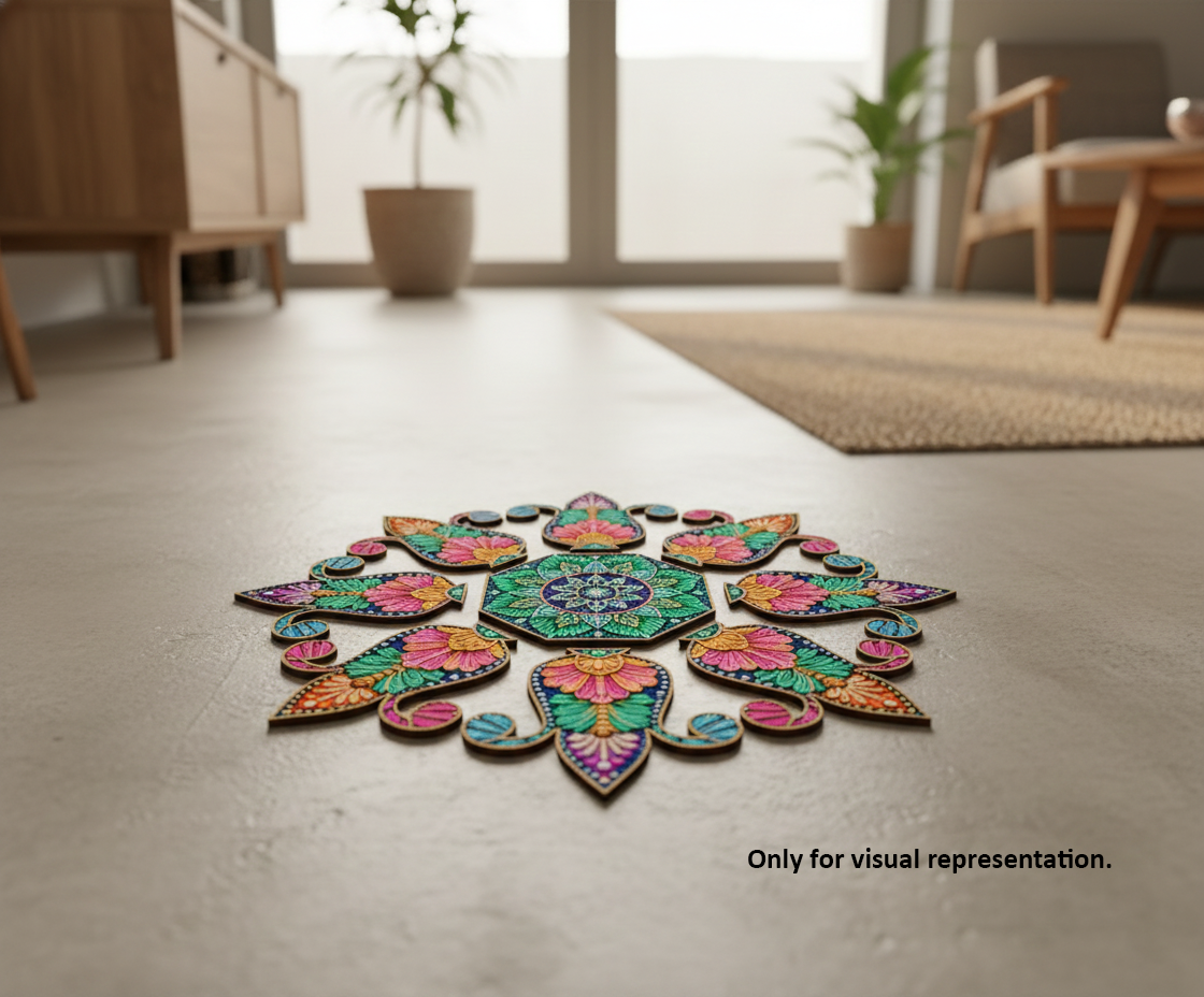 Colorful mandala design on a concrete floor with a blurred indoor background