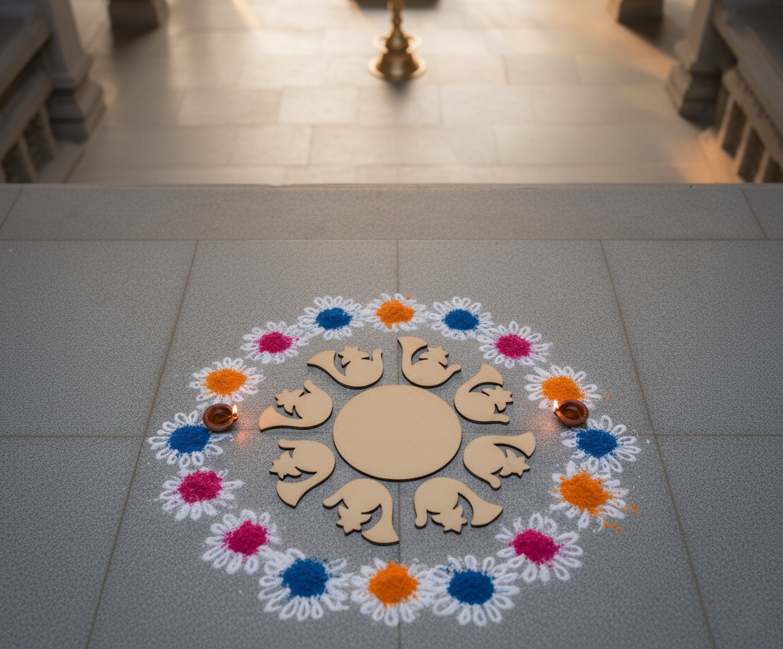 Decorative rangoli design on a tiled floor with colorful flowers and elephants.