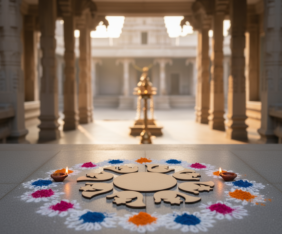Decorative rangoli with colorful powder and oil lamps on a stone floor in a temple.
