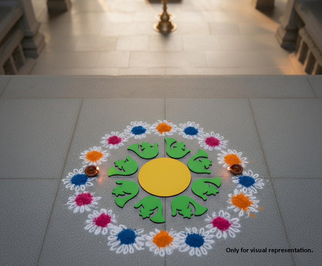 Colorful decorative rangoli cutout  on a tiled floor with elephants and flowers.