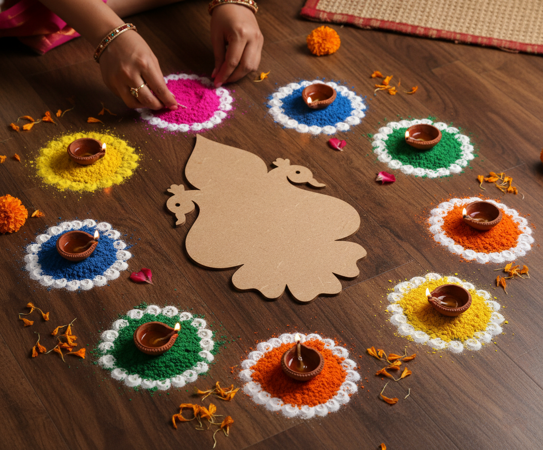 Colorful rangoli design on a wooden floor with decorative elements.