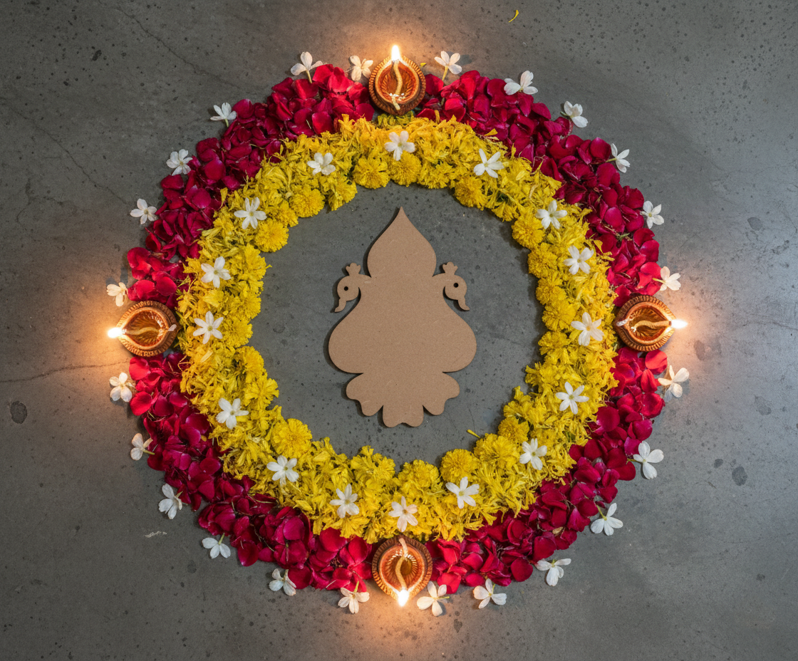 Decorative flower rangoli with oil lamps and a deity silhouette on a gray background
