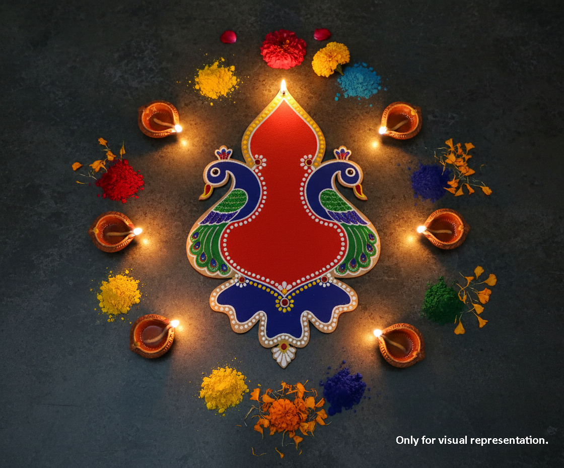 Decorative rangoli design with peacock pattern and colorful flowers on a dark background.