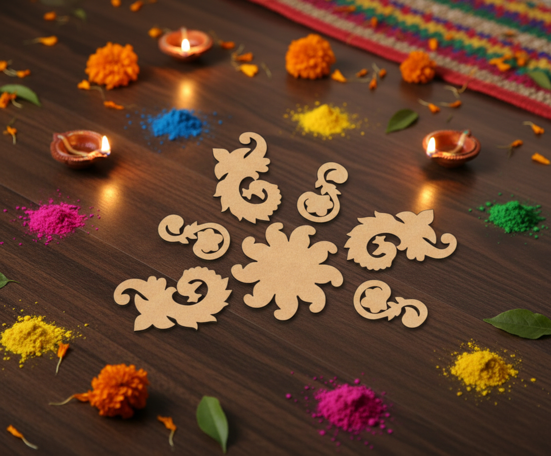 Decorative rangoli cutout on a wooden surface with colorful powders and lights.