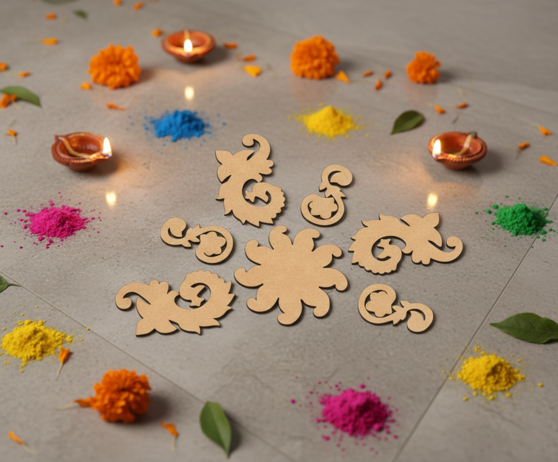 Decorative rangoli cutout on a stone surface with colorful powders and small lamps.