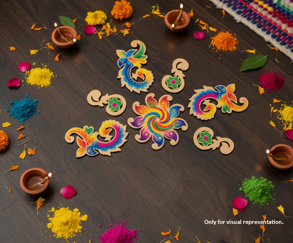 Colorful decorative rangoli cutout on a wooden surface with small oil lamps and colored powders.