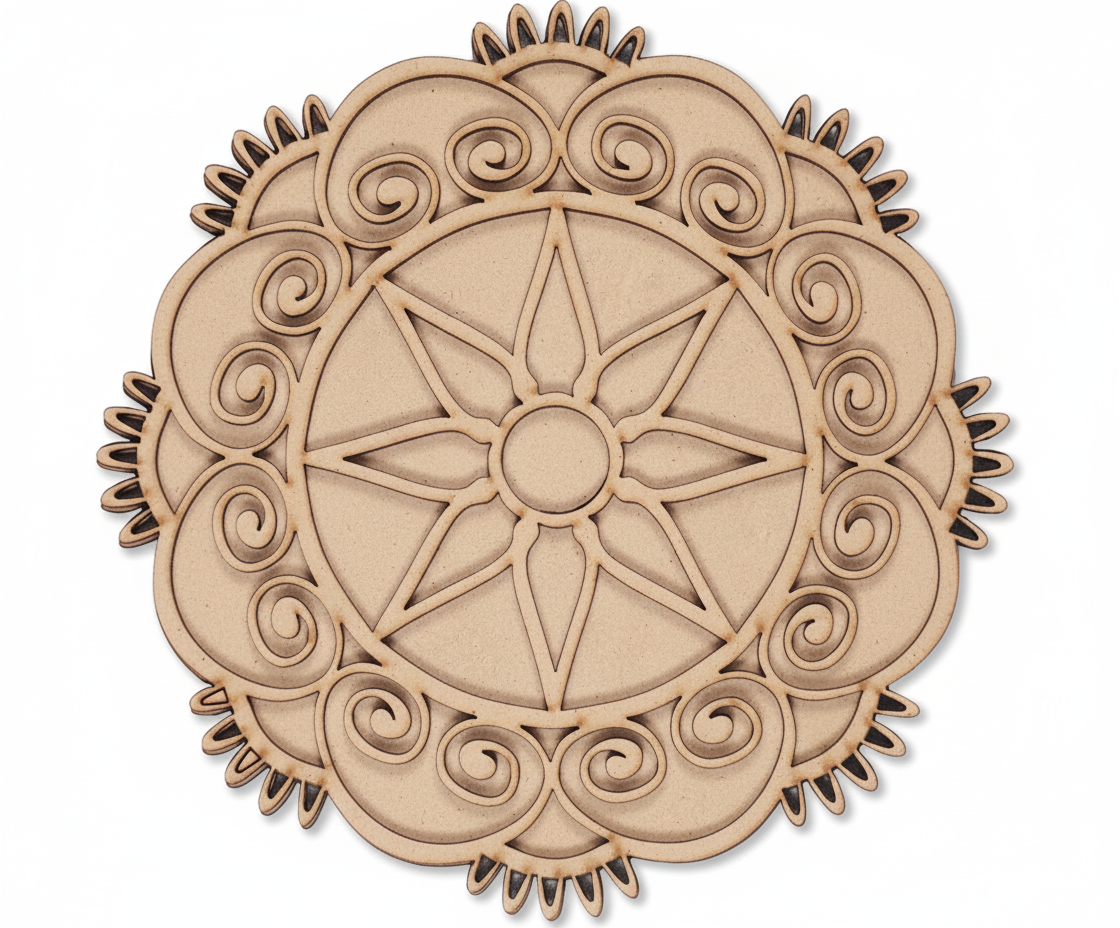 MDF star petal round rangoli base cutout with swirl border for DIY festive floor decoration and pooja decor