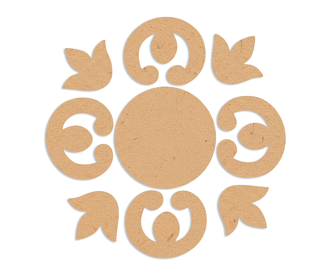 MDF floral rangoli pattern craft set with round center base and petal-shaped decorative pieces for DIY craft and festive decoration