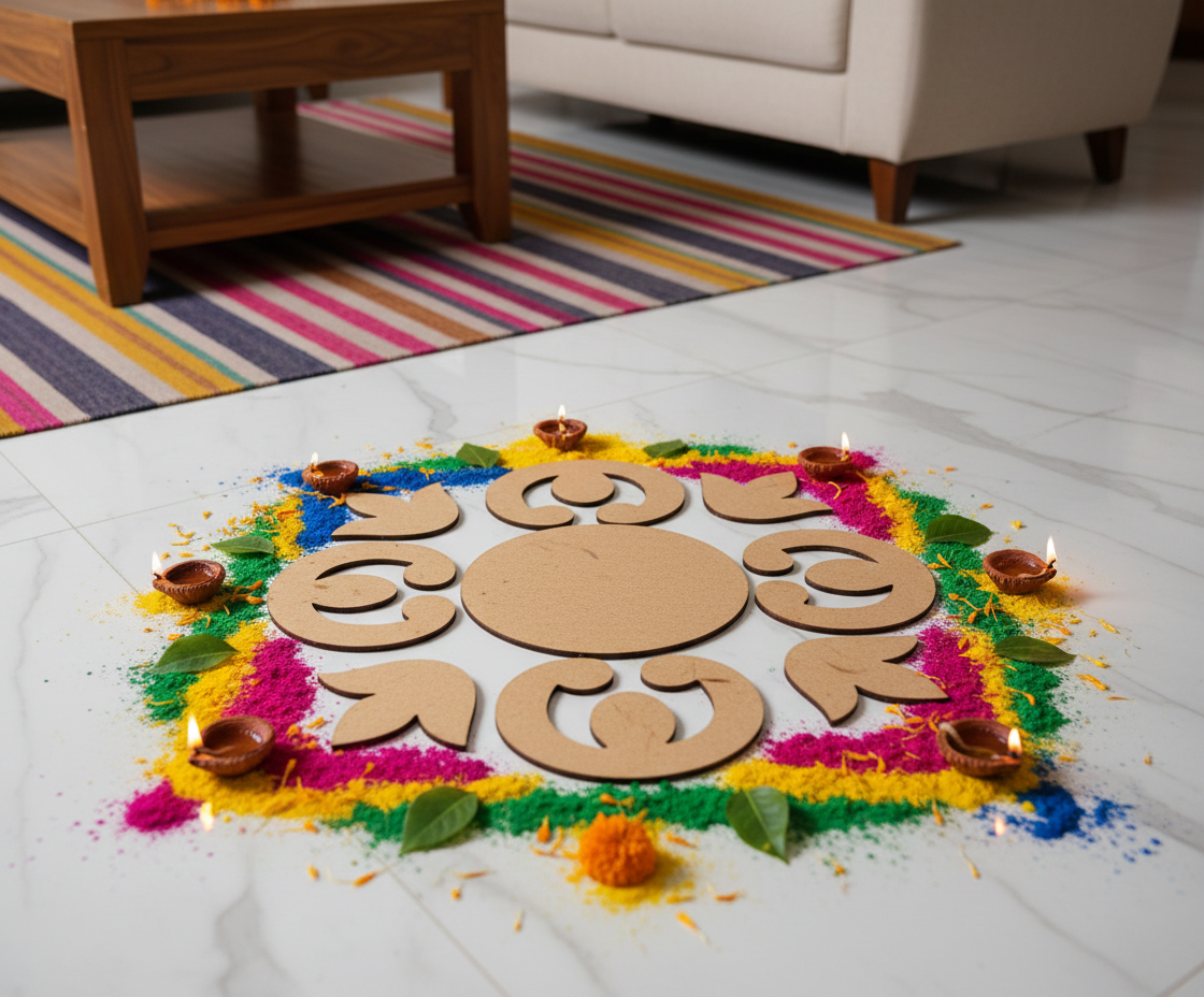 Colorful rangoli design on a white floor with wooden furniture and a striped rug in the background.