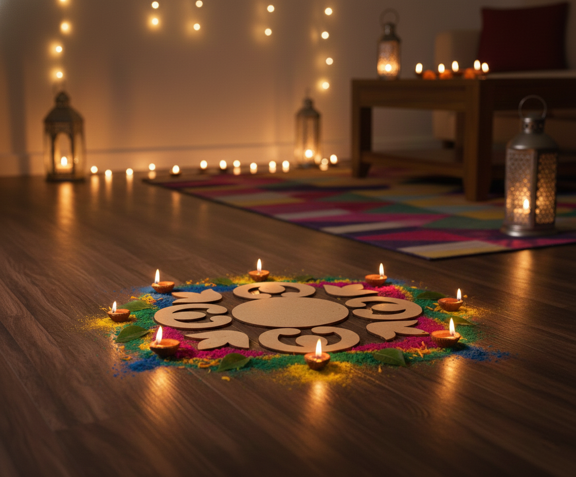 Decorative rangoli with candles on a wooden floor, surrounded by lanterns and candles in the background.