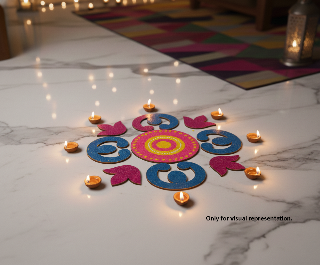 Colorful rangoli design with candles on a marble floor.