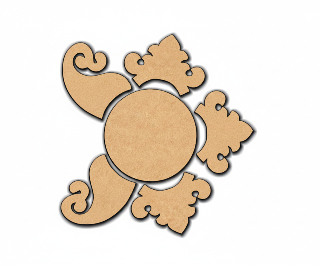 MDF ornate swirl rangoli center base craft set with round base and decorative curved motif shapes for DIY craft and festival decoration