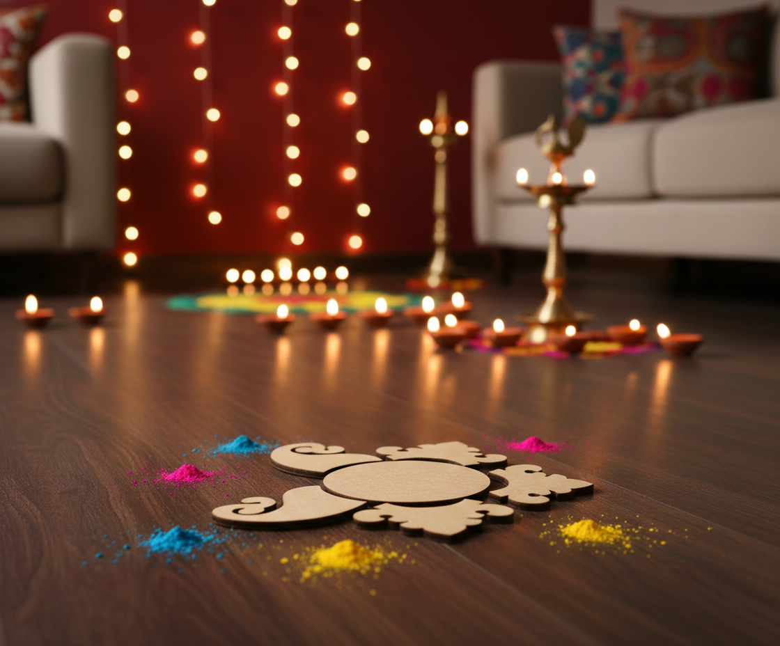 Decorative setup with colorful powders with rangoli cutout and candles on a wooden floor, illuminated by string lights.