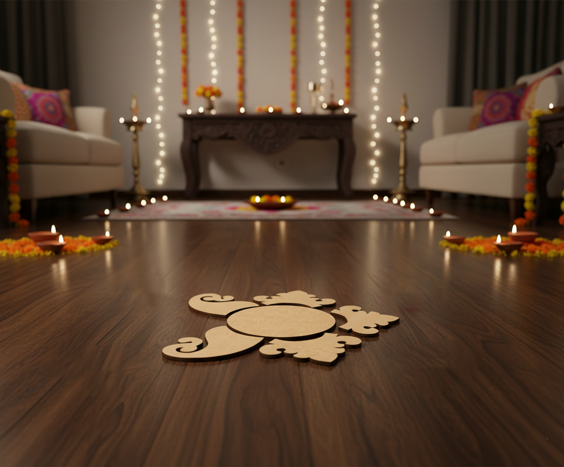 Decorative rangoli cutout on a wooden floor with candles and lights in the background