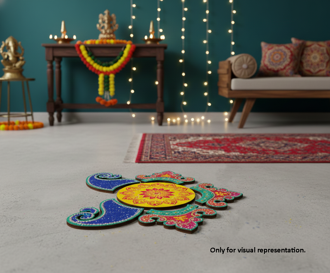 Colorful rangoli design on a floor with decorative furniture and lights in the background.