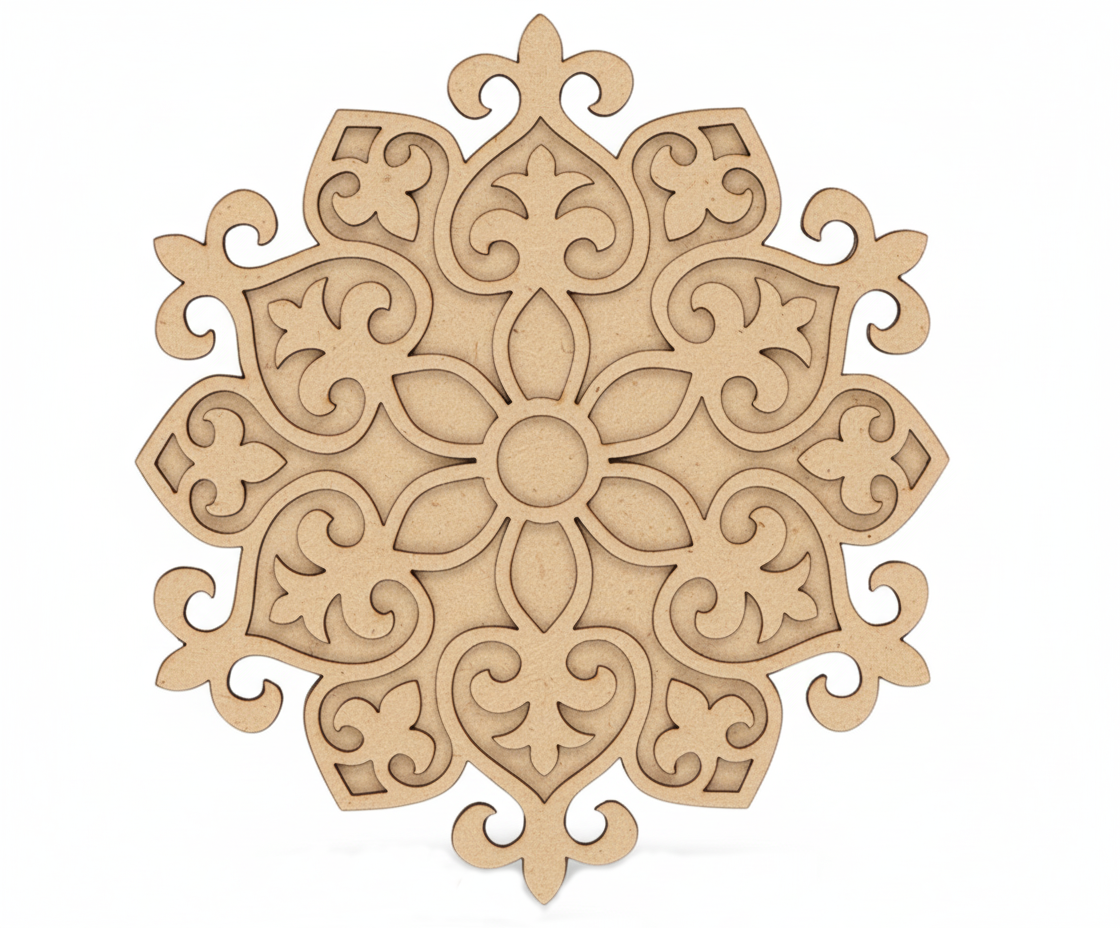 MDF royal floral rangoli base cutout with ornate edge design for DIY festive floor decoration and pooja decor