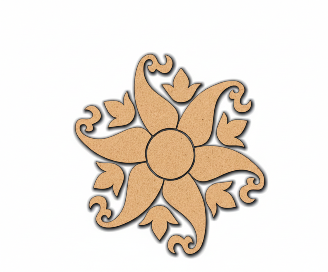 MDF floral swirl rangoli cutouts with petal and leaf design for DIY festive floor decoration