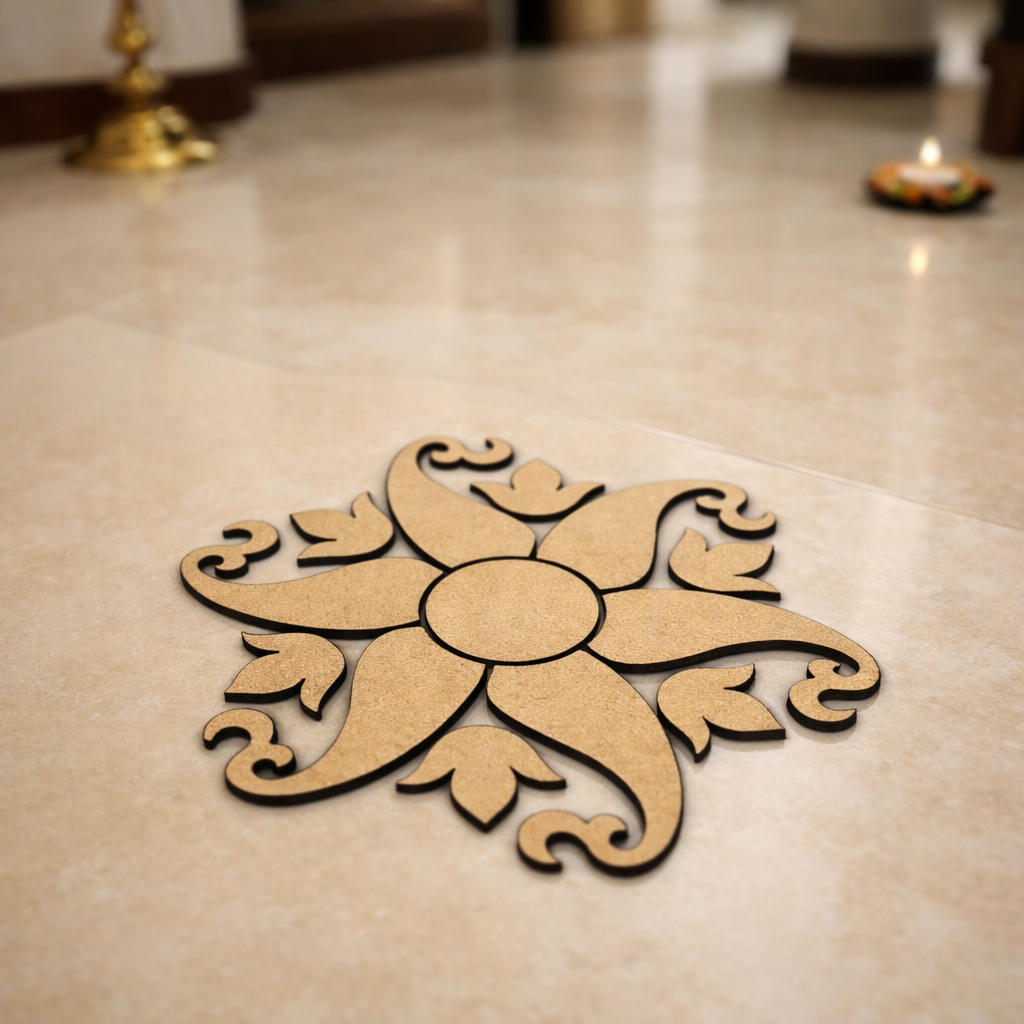 Decorative floral design on a beige floor with a blurred background