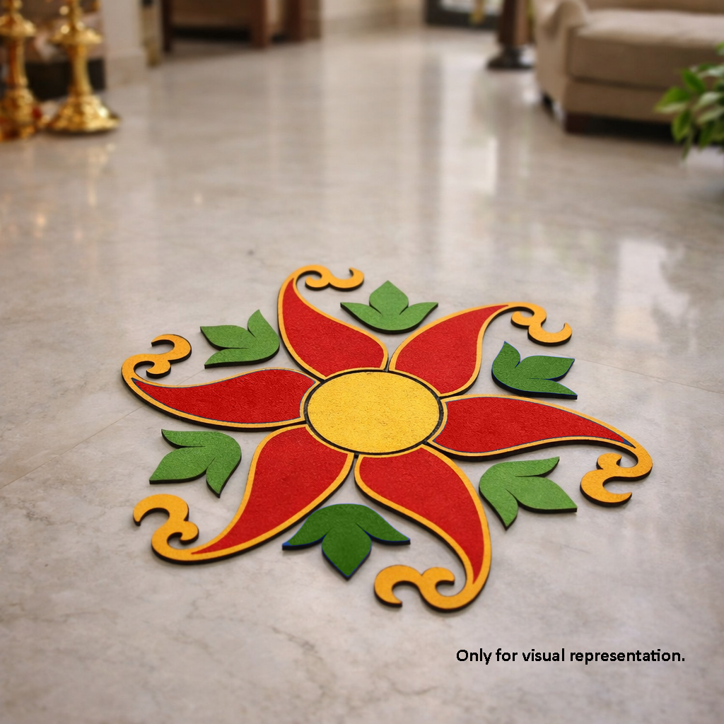 Decorative floral design on a floor with a blurred indoor background.