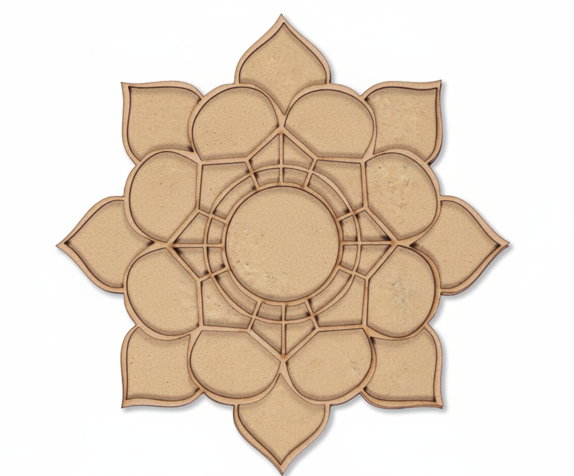 MDF lotus petal rangoli base cutout with engraved partitions for DIY Diwali floor decoration and pooja decor