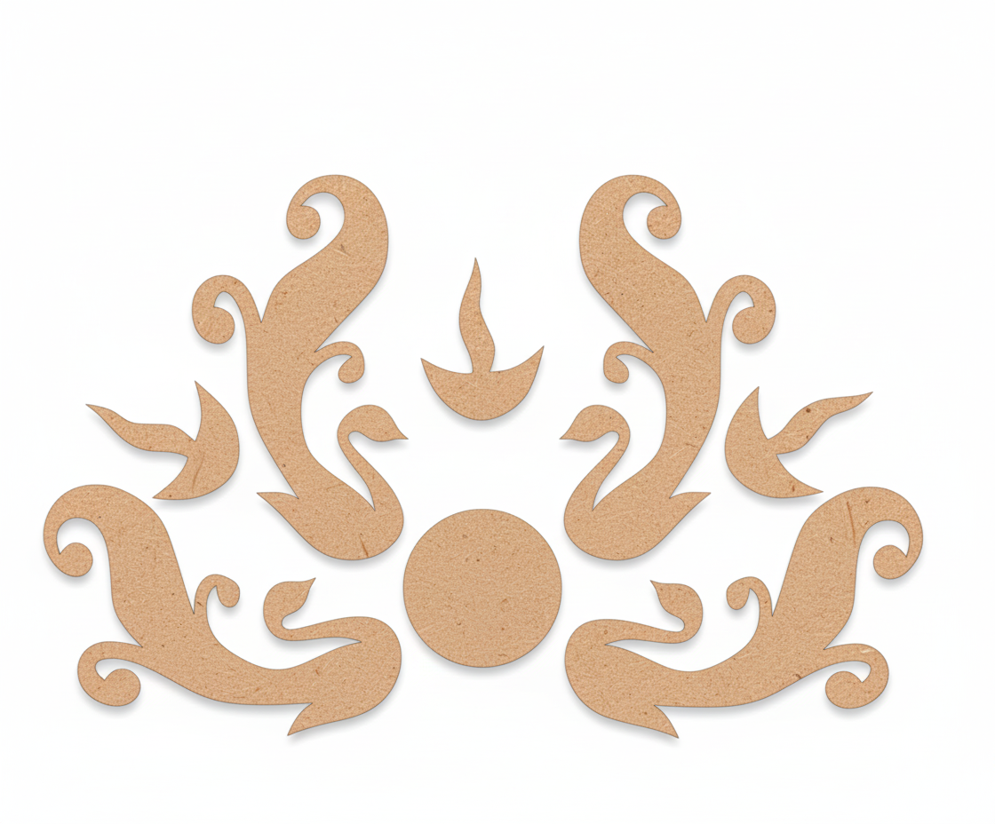 MDF swan swirl rangoli cutouts set with diya element and center base for DIY festive floor decoration