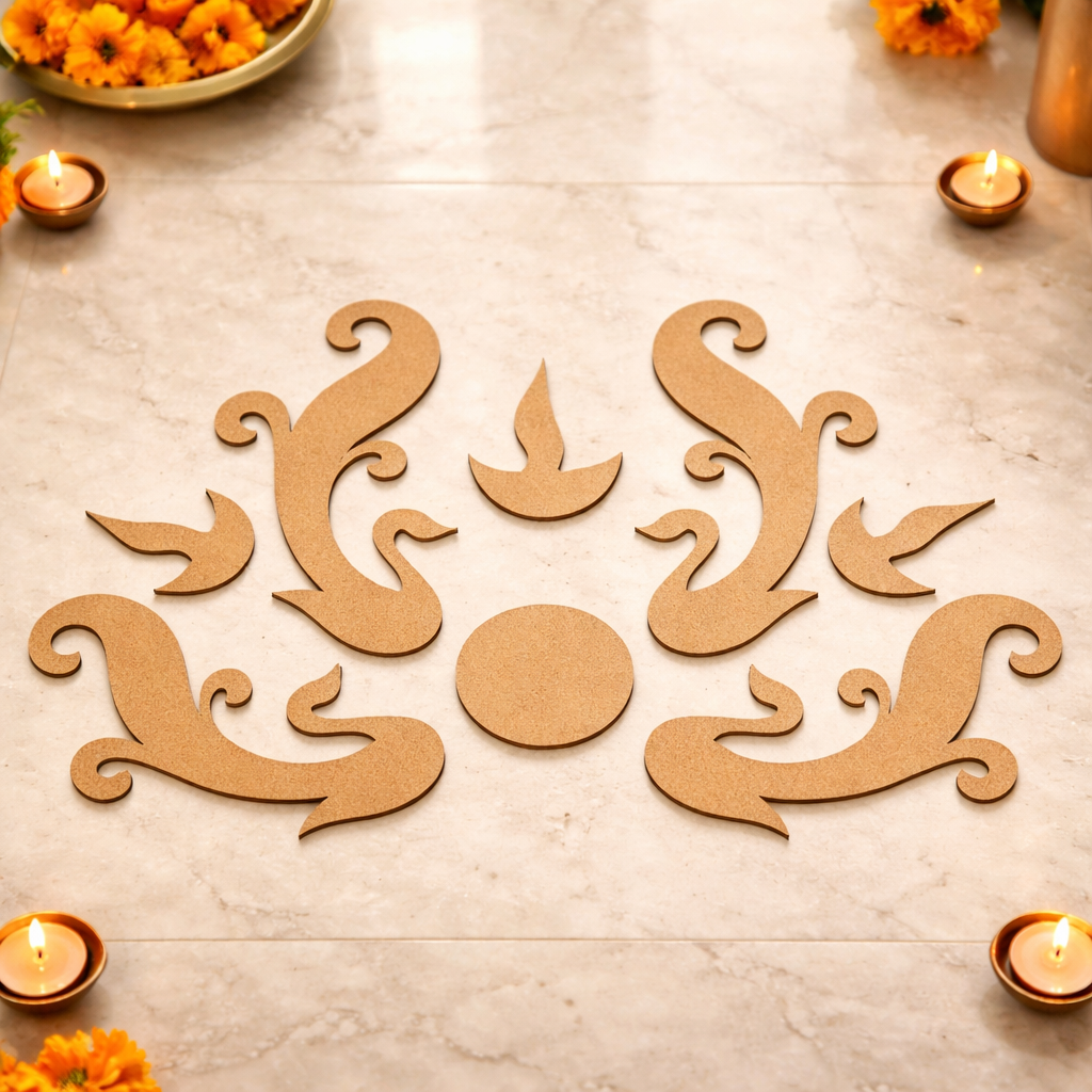 Decorative rangoli cutout on a marble surface with candles and flowers.
