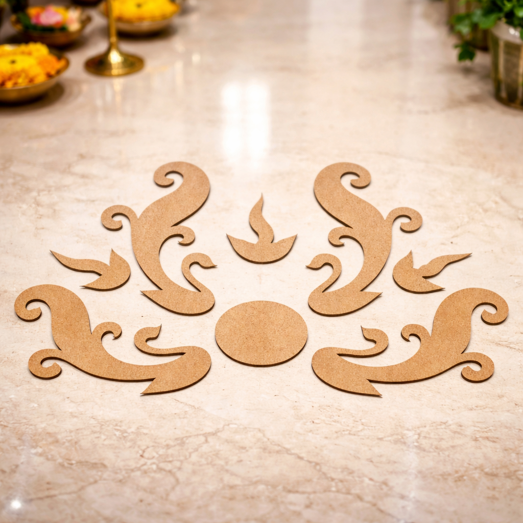 Decorative rangoli cutout on a marble surface