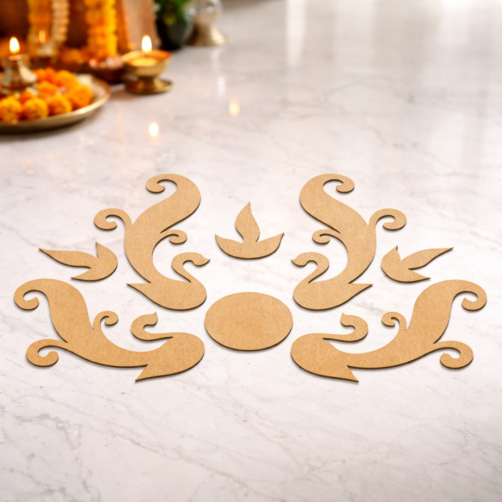 Decorative rangoli cutout on a marble surface with candles and food items in the background.