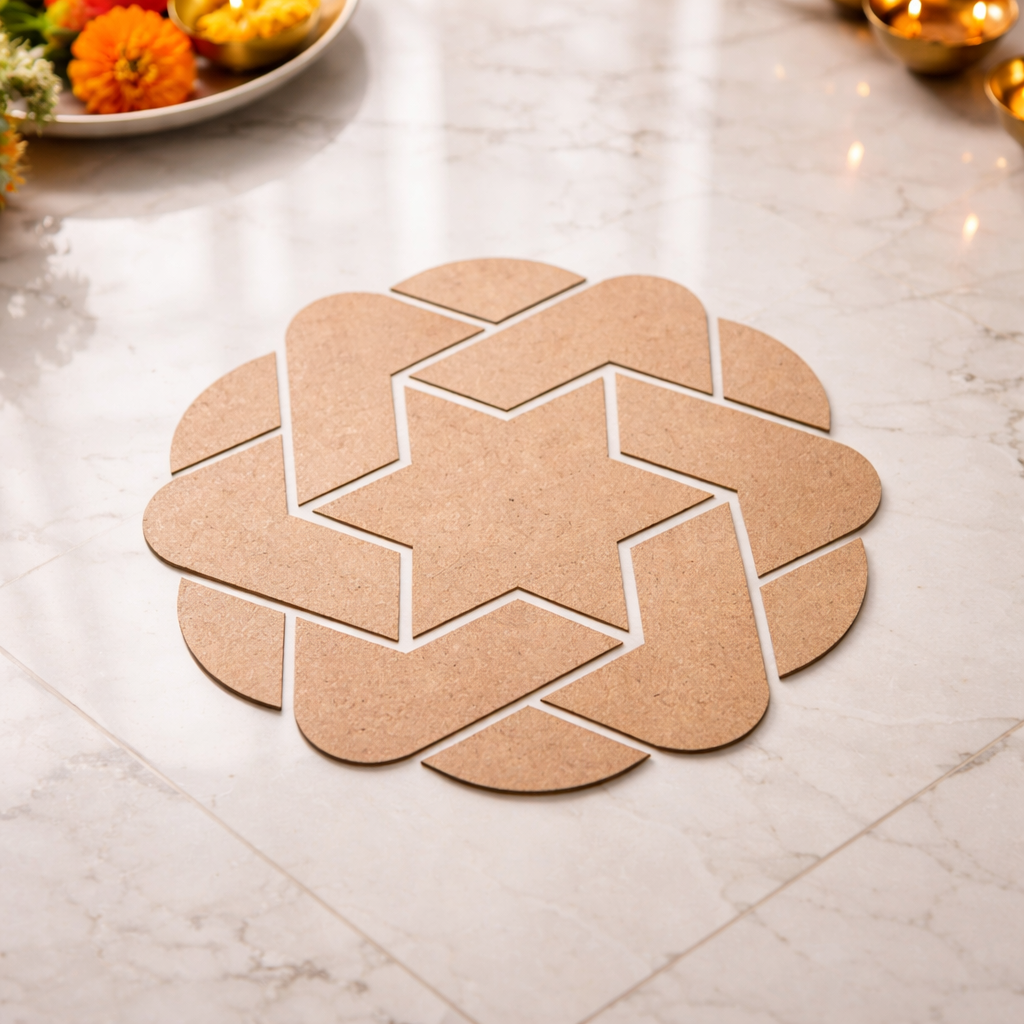 Cardboard star-shaped rangoli cutout on a marble surface