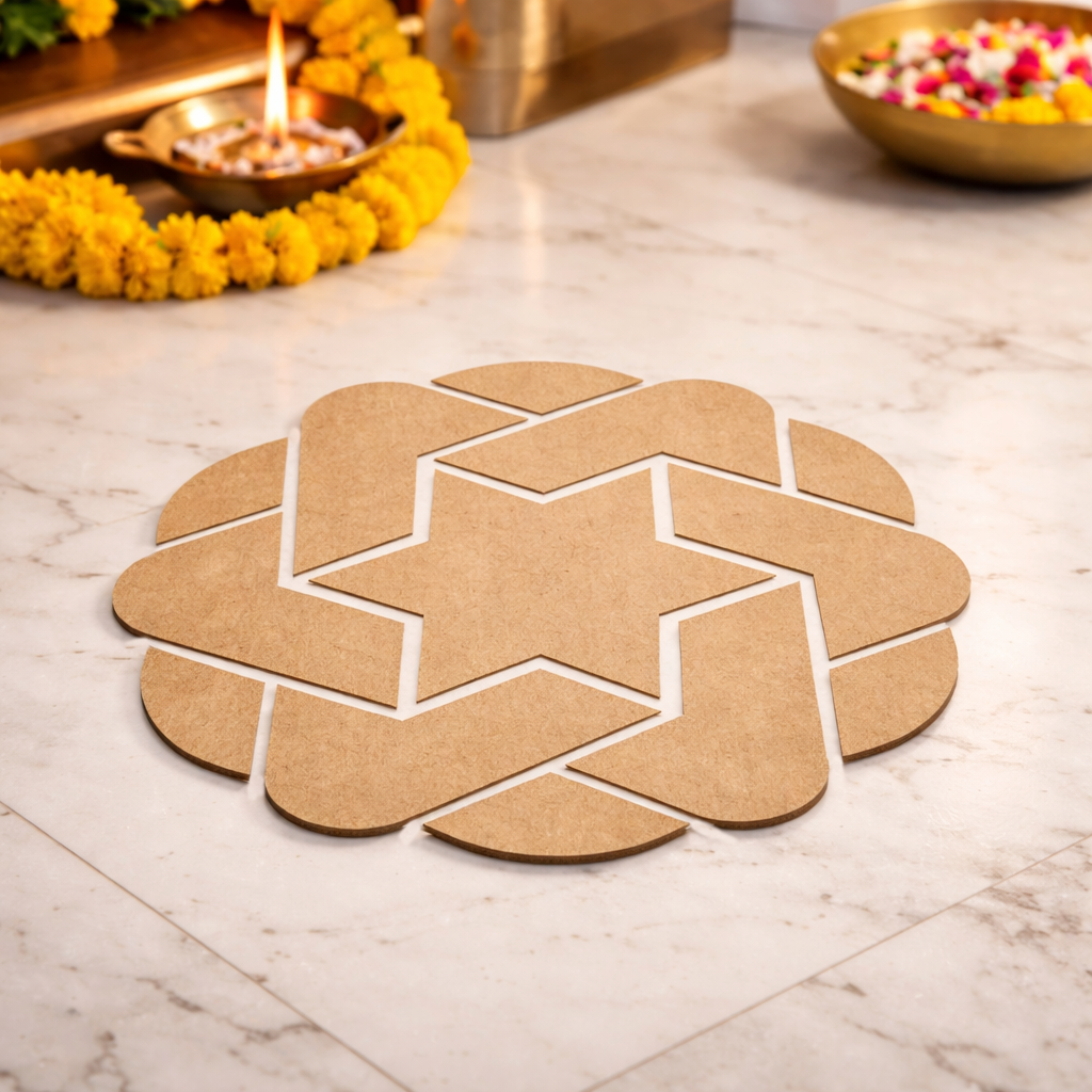 Cardboard decorative rangoli cutout on a marble floor with floral decorations and candles in the background.