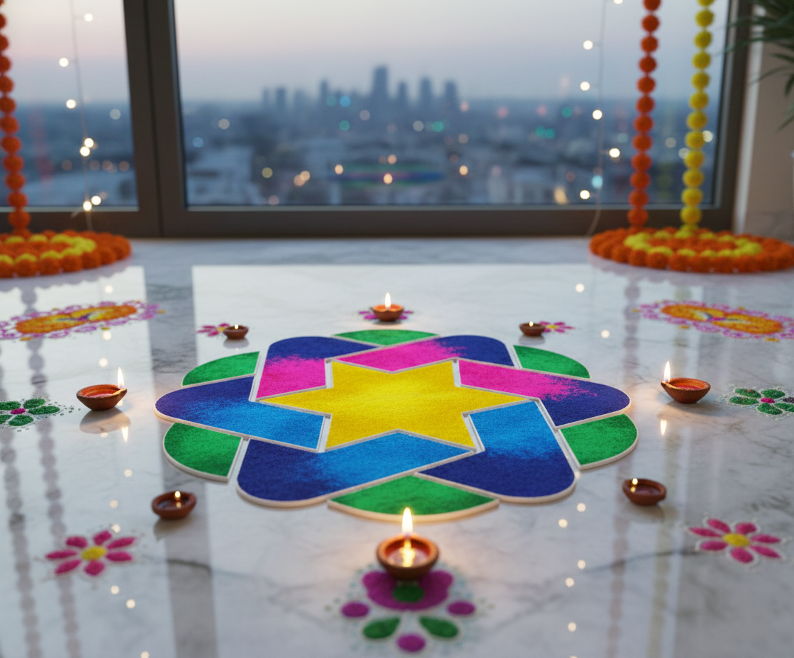 Colorful star-shaped rangoli design on a floor with candles and decorative elements, cityscape in the background.