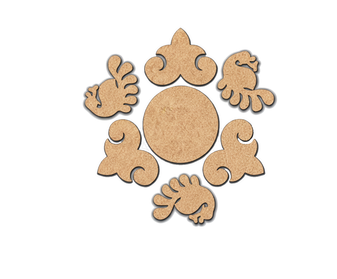 MDF peacock motif rangoli cutouts set with center circle and decorative pieces for DIY festive floor decoration