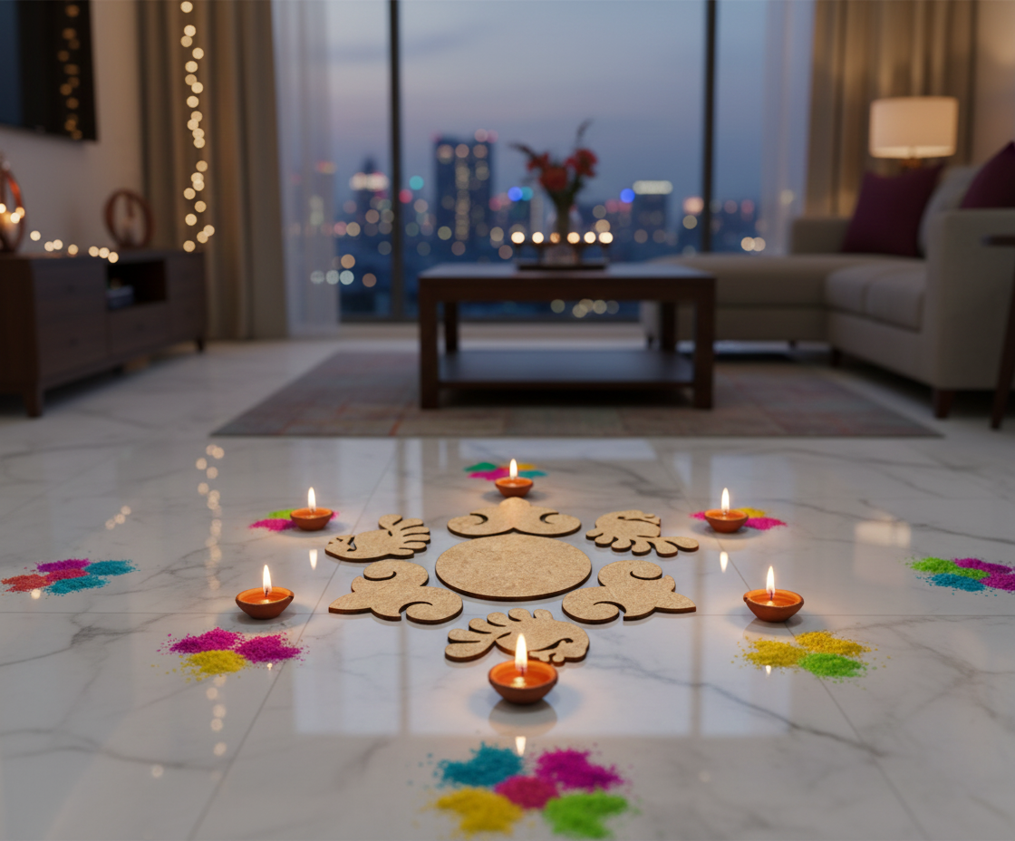 Decorative rangoli with candles on a marble floor in a living room with cityscape view.