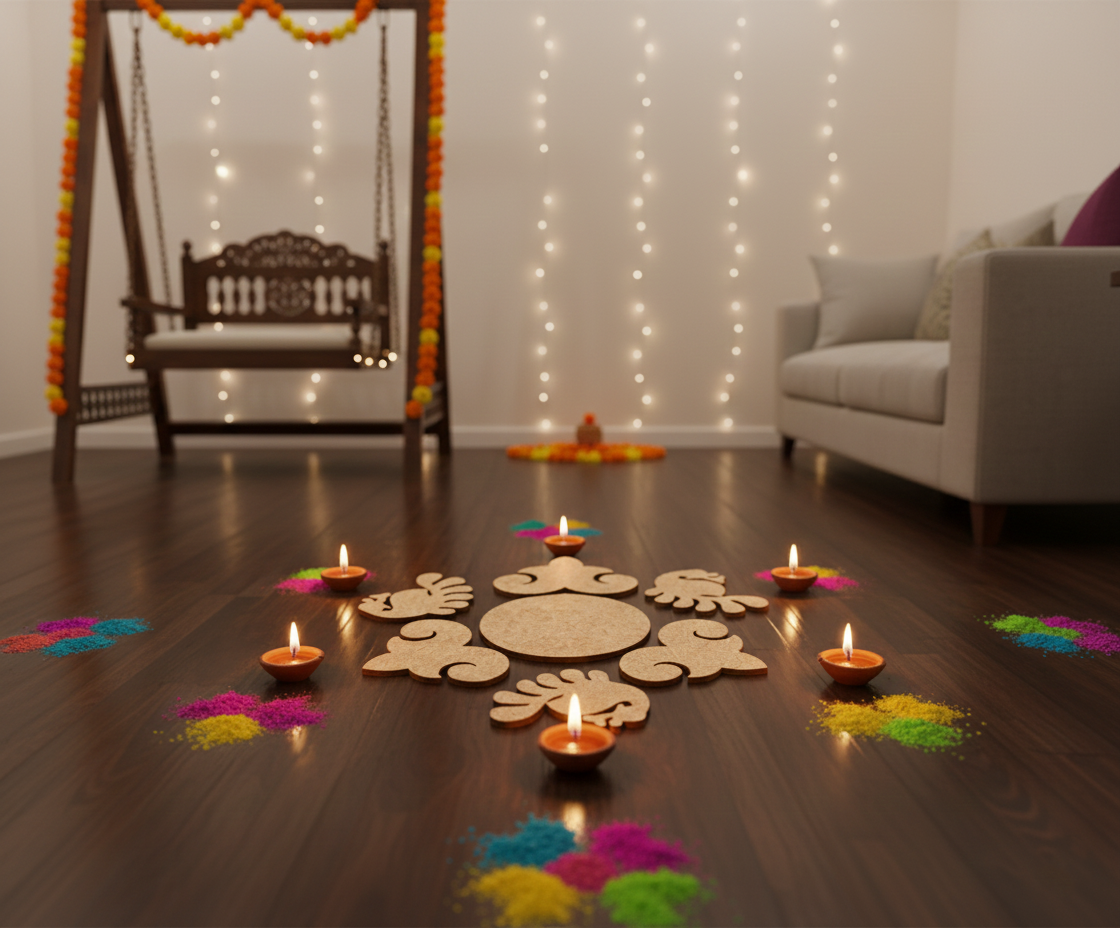 Decorative rangoli cutout  with candles and rangoli patterns on a wooden floor, featuring a swing and sofa in the background.