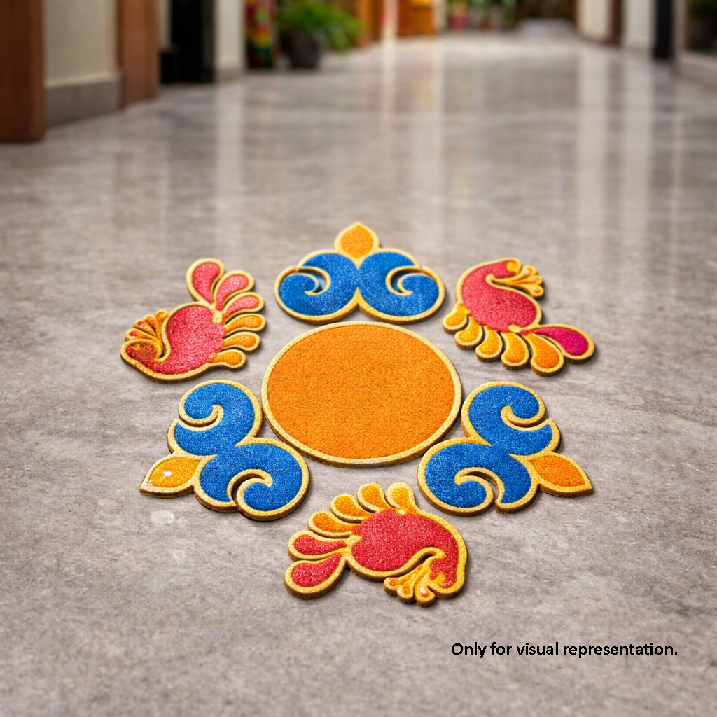 Colorful decorative rangoli cutout on a floor with text 'Only for visual representation'.