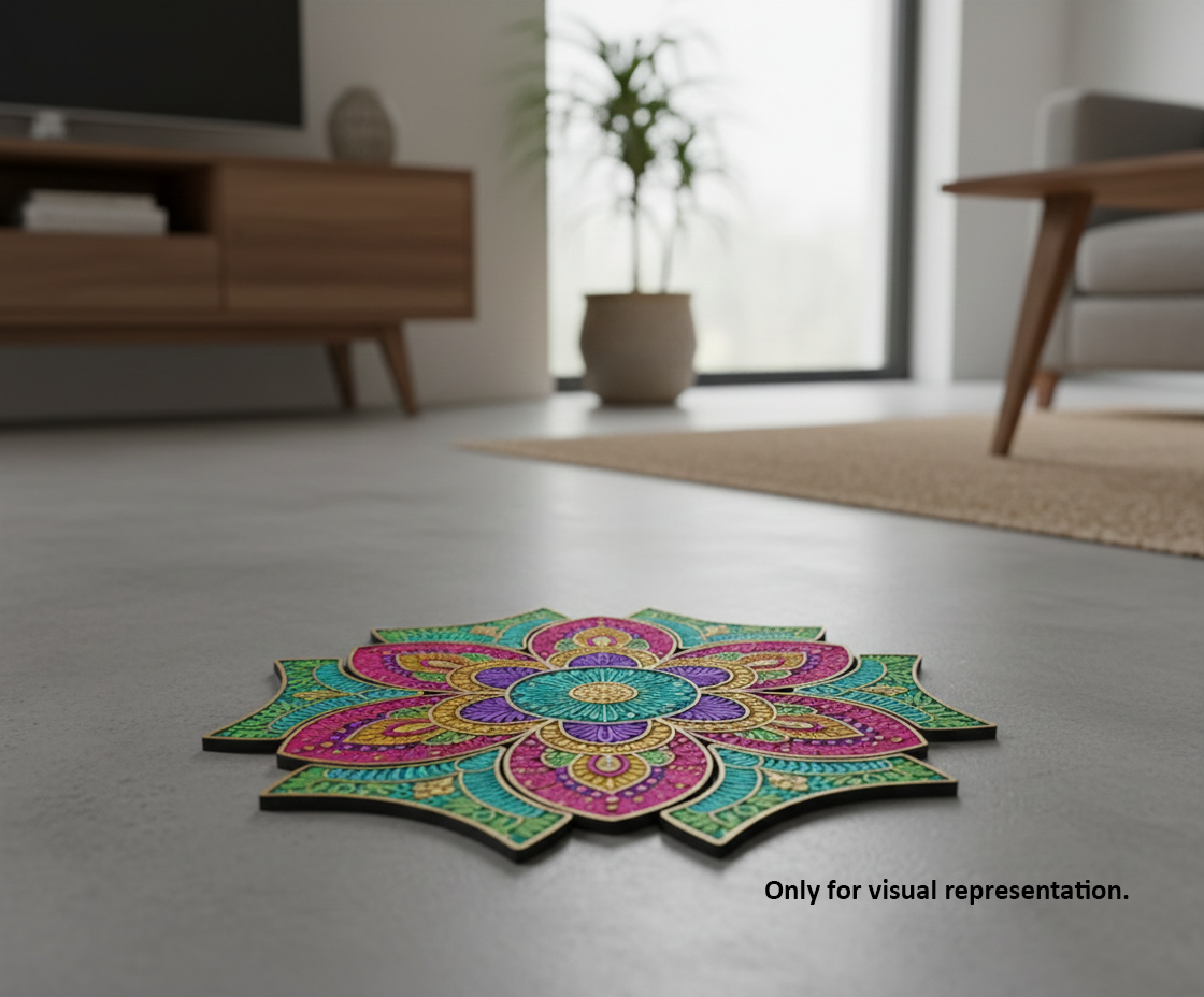 Colorful mandala rangoli cutout on a concrete floor with a blurred living room background