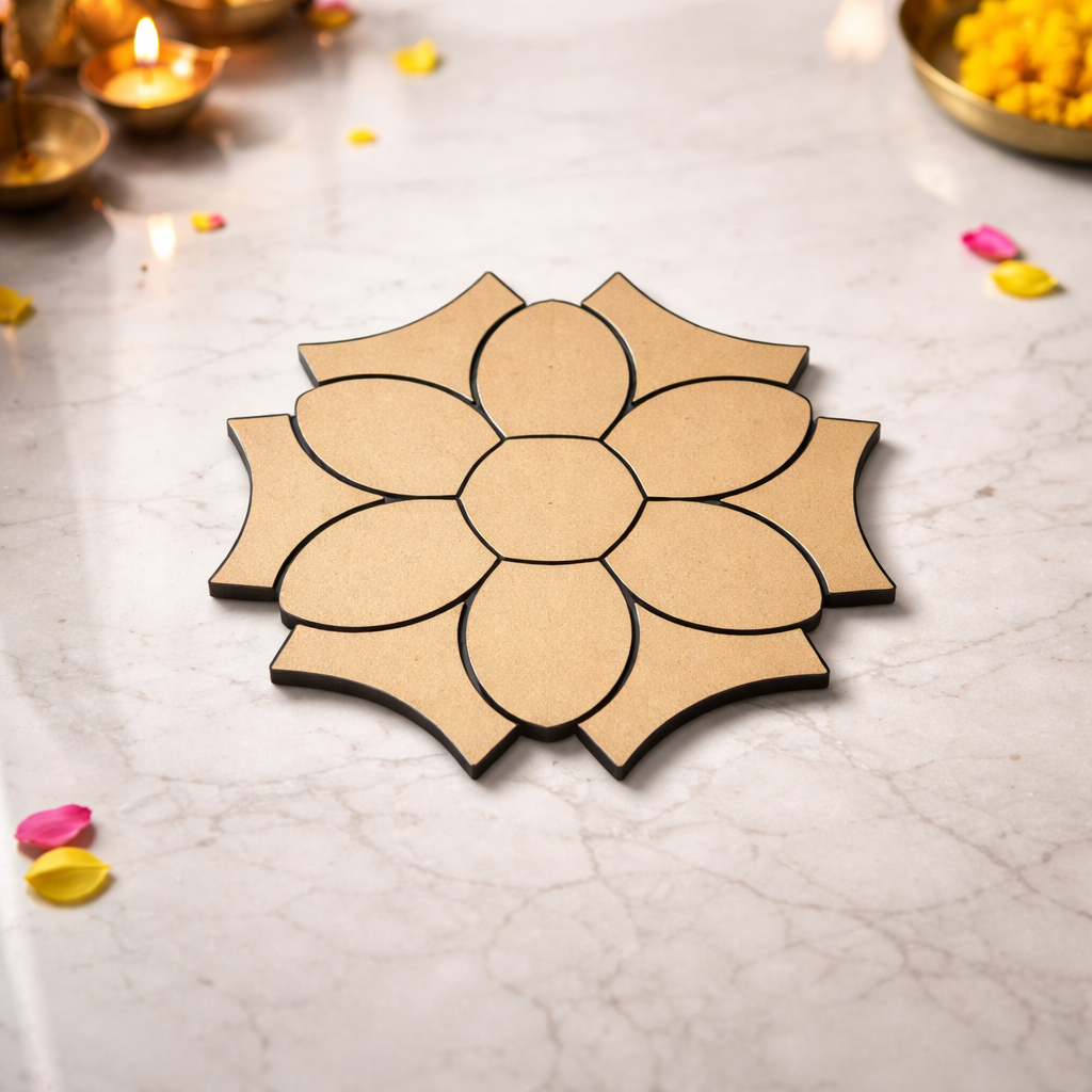 Decorative rangoli cutout flower on a light gray surface with Diwali decorations.